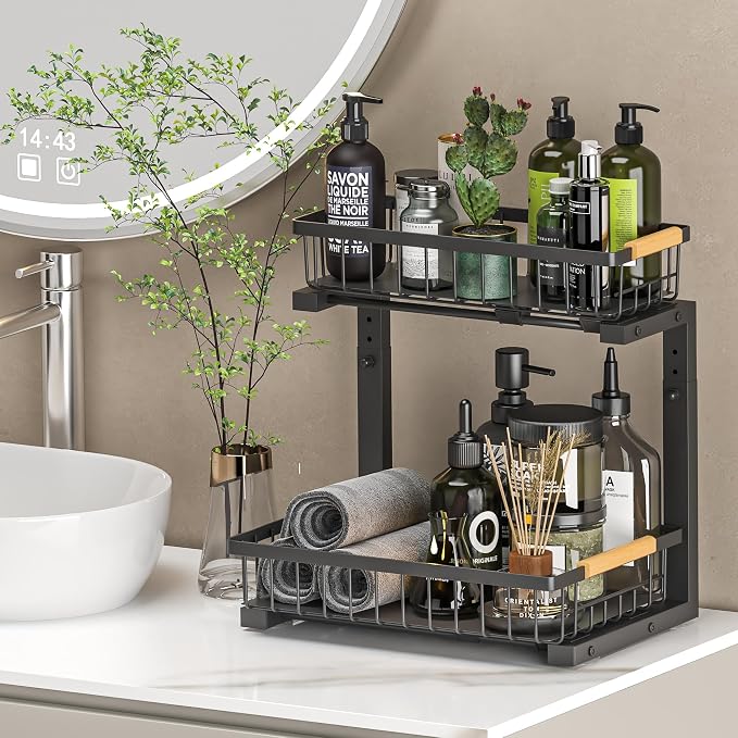 Under Sink Organizer Storage 2 Pack, 2 Tier Slide Out Height Adjustable Pull - Image 9