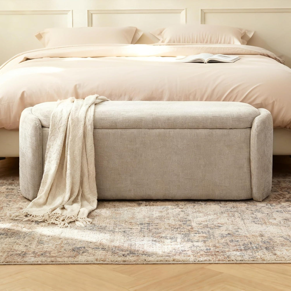 VKNOW Storage Bench, Upholstered Storage Ottoman Bench with Hinge, Khaki