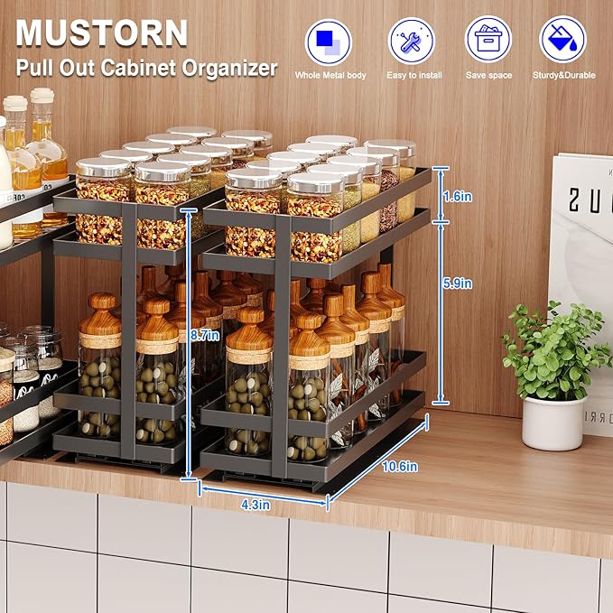 Pull Out Spice Rack Organizer for Cabinet, 2 Tier Metal Slide Out Seasoning - Image 2