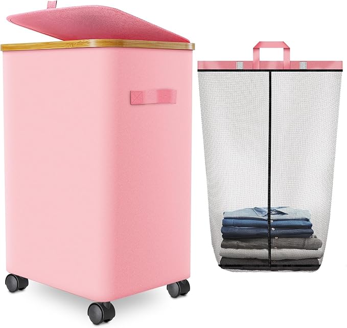 Laundry Hamper with Wheels, 20 Gal Laundry Basket with lid Rolling Clothes by Wuevu
