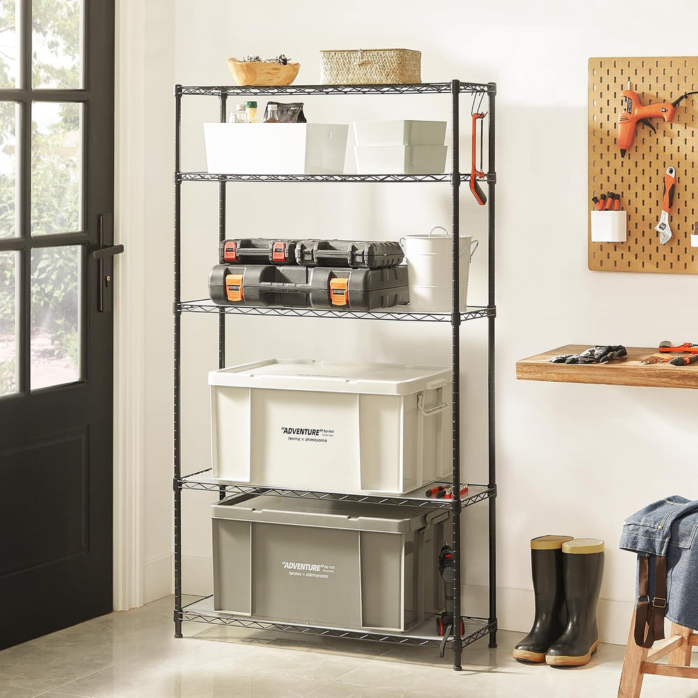 SONGMICS 5-Tier Storage Shelves, Adjustable Wire Shelving Unit, 8 Hooks