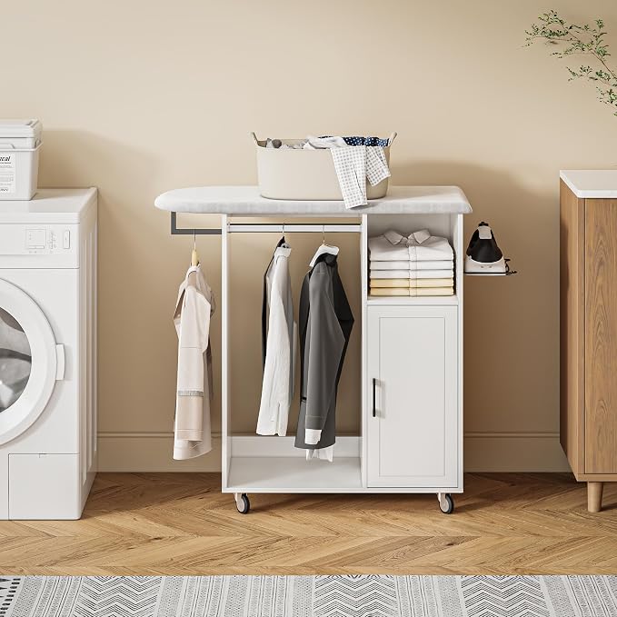 Rolling Ironing Board with Storage Cabinet, Ironing Table with Heat-Resistant - Image 3