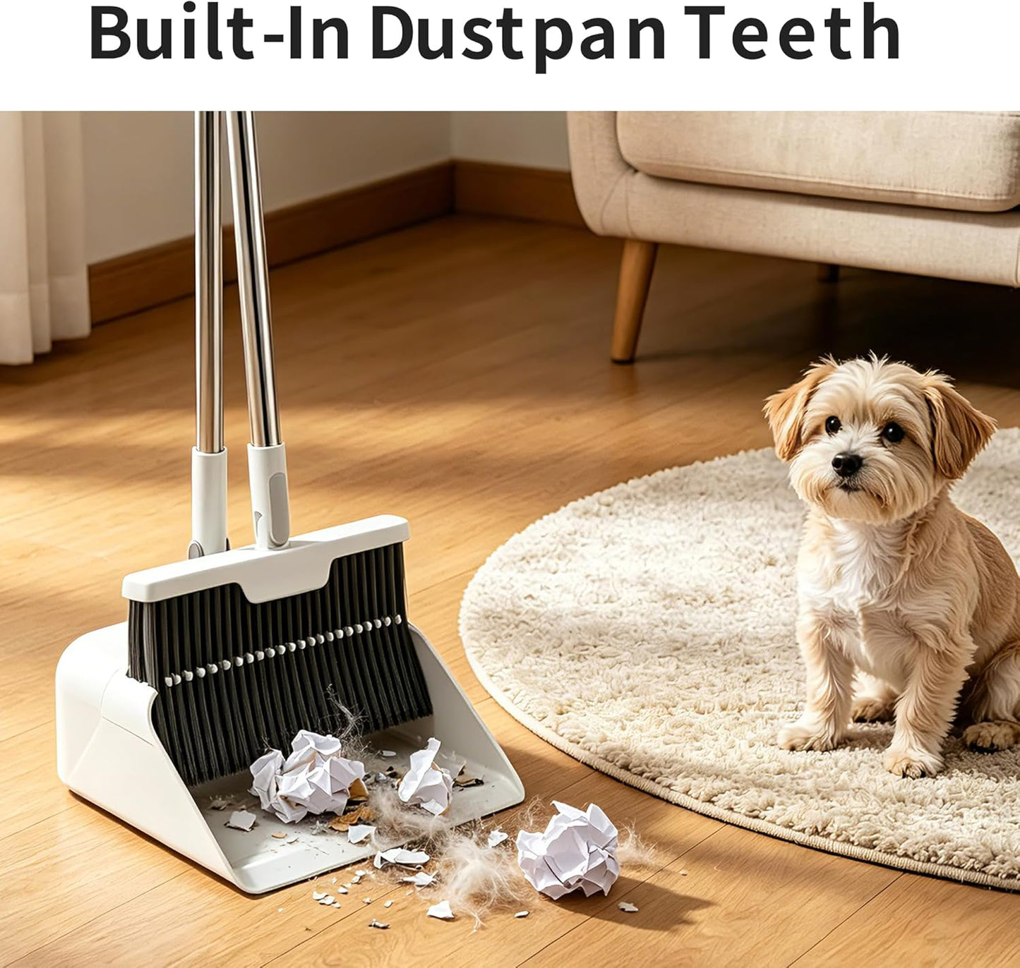 3 Pieces 52'' Broom with Dustpan Combo Set and Silicone Air Broom Kit, Long Handle Broom and Dustpan Sets with Teeth, Upright Storage Household Broom and Dustpan Sets Light Gery