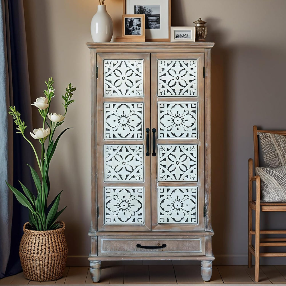 French Country Side Cabinet - Vintage 2 Door Wood Cabinet with Storage, Accen...