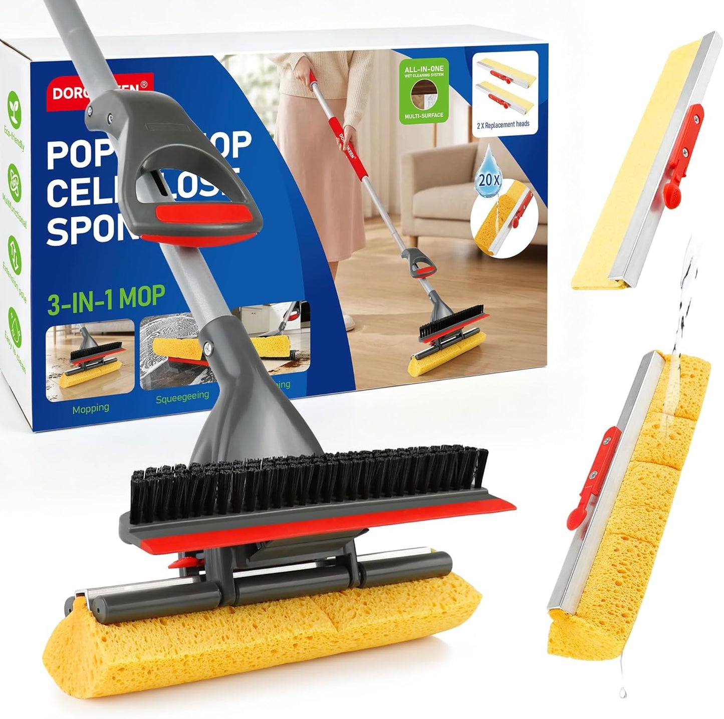 Sponge Mop for Floor Cleaning, Home Commercial Pop-up Cellulose Sponge Roller Mop with 2 Refill Heads, Includes Squeegee and Brush for Hardwood Tile Concrete Bathroom Kitchen Wall Ceiling