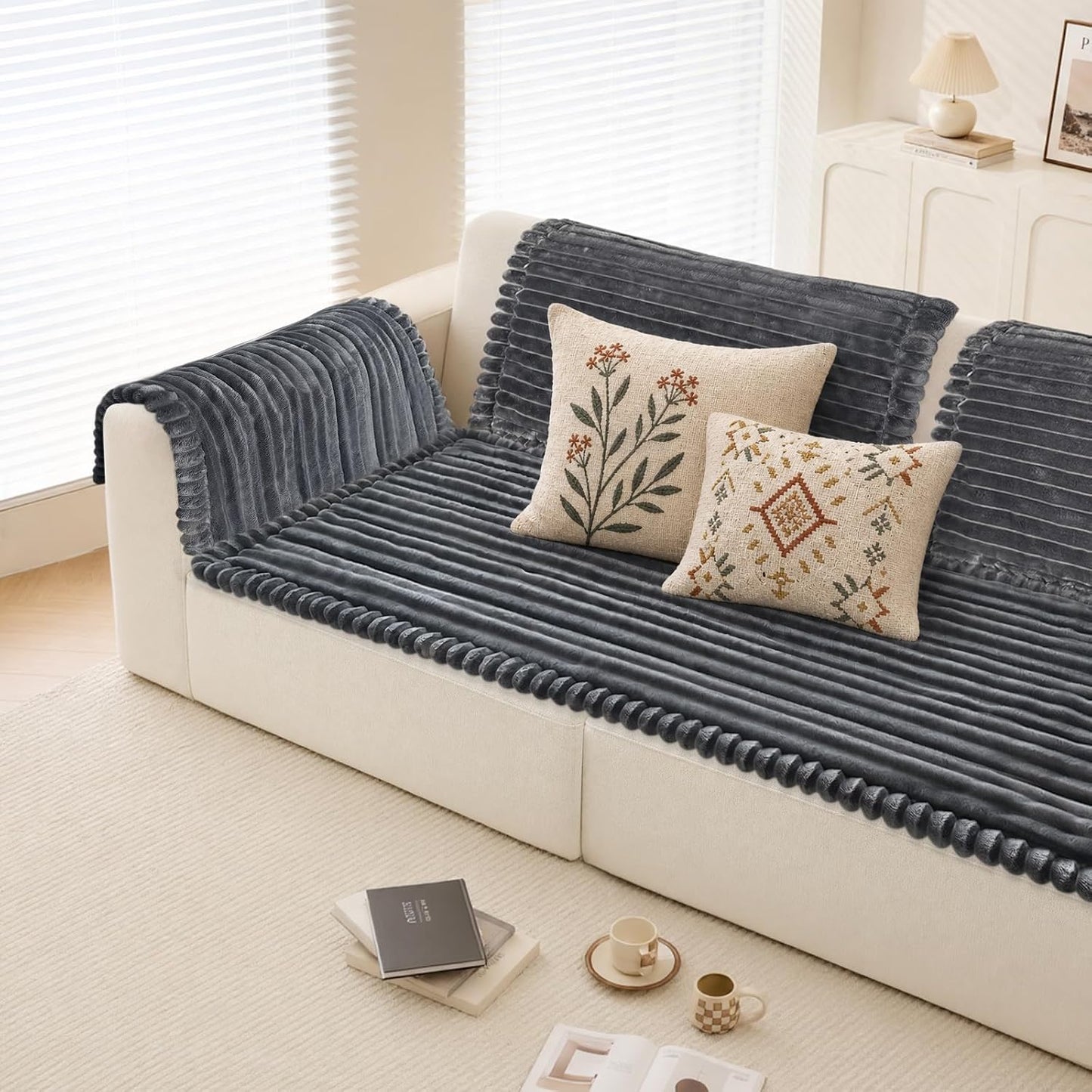 NAISI Couch Covers for Dogs Flannel Striped Furniture Protector with Thick Filling and Non-Slip Bottom Sectional Sofa Covers Washable Friendly for Pets(1pc/27.5"x 59",Dark Grey)