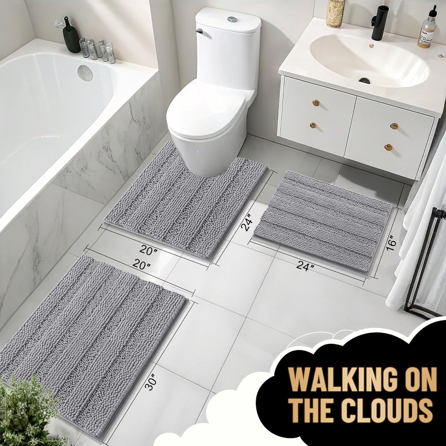 OLANLY Thick Bathroom Rugs Sets 2 Piece, Soft Absorbent Chenille Striped Bath Mats and U-Shaped Contour Toilet Rug, Machine Washable Bath Carpet, Home Decor Accessories(30"x20"+24"x20", Grey)