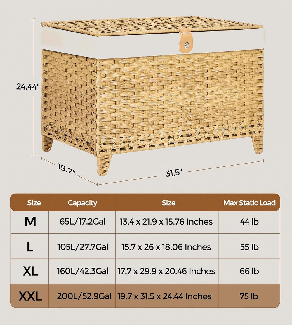 Wicker Storage Basket with Lid, 200L Storage Bin with Removable Liner Bag