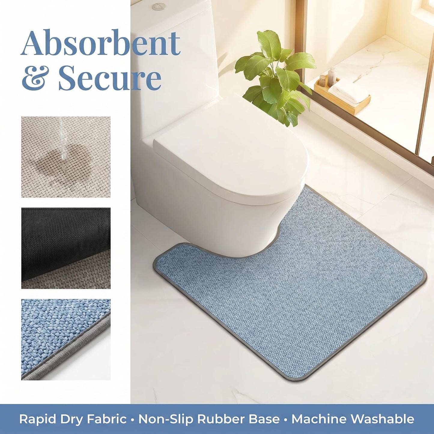 Absorbent Bath Rug Mat for Oval Toilet Base,Soft Microfiber Contour Mats for Toilets, Quick Dry, Bathroom Decor, Non-Slip, U-Shape Blue