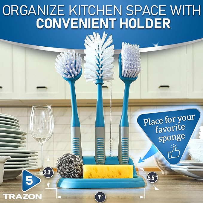 Dish Brush Set of 5 with Convenient Holder, Bottle Water Brush, Dish Scrub Brush - Image 5