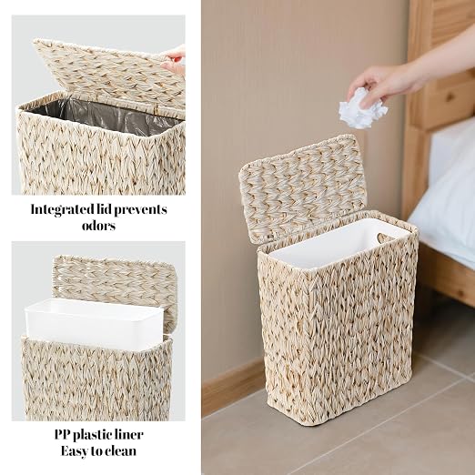 Wicker Trash Can with Lid and Liner, Boho Decotative Small Bathroom Trash Cans - Image 3