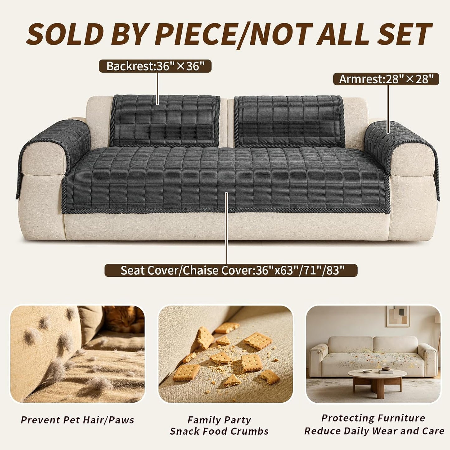 Velvet Couch Covers for Sectional Sofa Washable, Non-Slip L Shaped Sectional Couch Cover, Soft Pet Couch Covers for Sofa, Furniture Slipcovers for Loveseat(1PC,35"x63",Dark Grey)