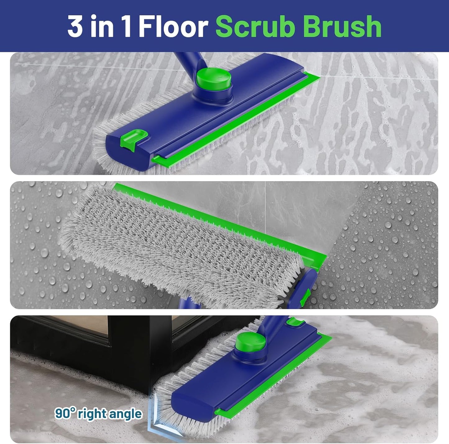 Floor Scrub Brush with Long Handle: 3 in 1 Heavy-Duty Floor Scrubber Brush with Squeegee for Cleaning Tile Bathroom Deck Kitchen Patio - Blue