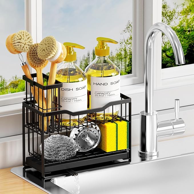 2-Tier Kitchen Sink Caddy with High Brush Holder&Self-Draining Tray, by DYFVPOU