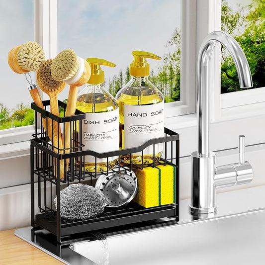 2-Tier Kitchen Sink Caddy with High Brush Holder&Self-Draining Tray, by DYFVPOU