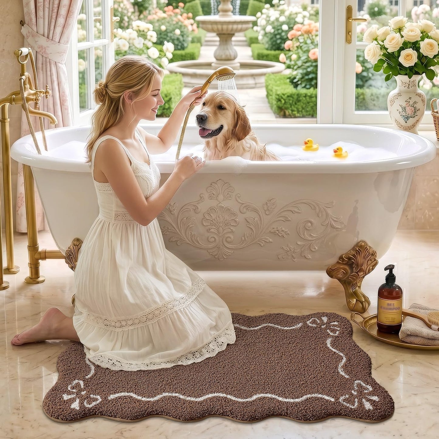LUMI Scalloped Bathroom Rug, Cute Plush Microfiber Bath Mat, Super Absorbent & Quick Dry Shower Mat, Machine Washable Floor Carpet for Tub, Brown, 24"x36"