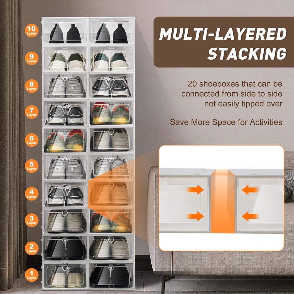 Large Shoe Storage Boxes, 20 Pack Clear Plastic Space Shoe Organizer, Saving ...