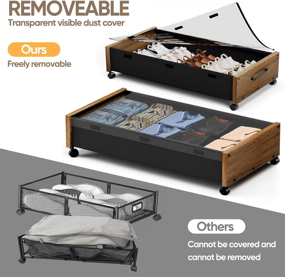KITHELP Wooden Under Bed Storage with Wheels, Rolling Under the Bed Storage B...