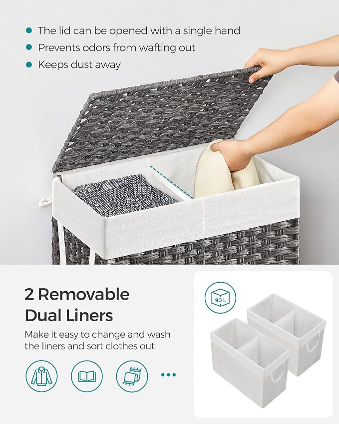 SONGMICS Laundry Hamper with Lid, 90L Clothes Hamper with 2 Removable Liner Bags