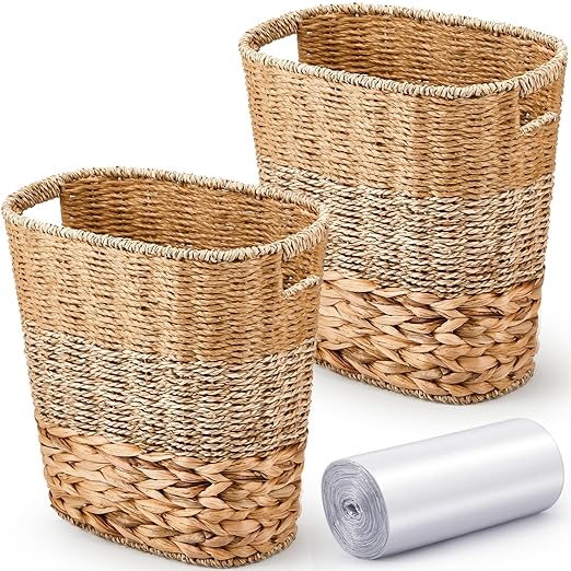 2 Pcs Wicker Trash Can with 50 Small Trash Bag Wicker Waste Woven Basket with by Ziliny