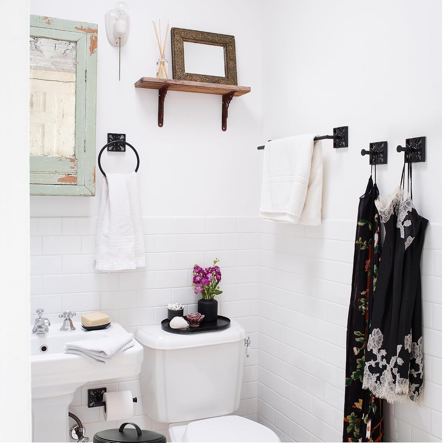 Autumn Alley Matte Black Farmhouse Bathroom Set – 5-Piece Hardware Kit with Towel Ring, TP Holder, Hooks & Metal Step Trash Can with Lid for Rustic, Modern Bathroom Décor