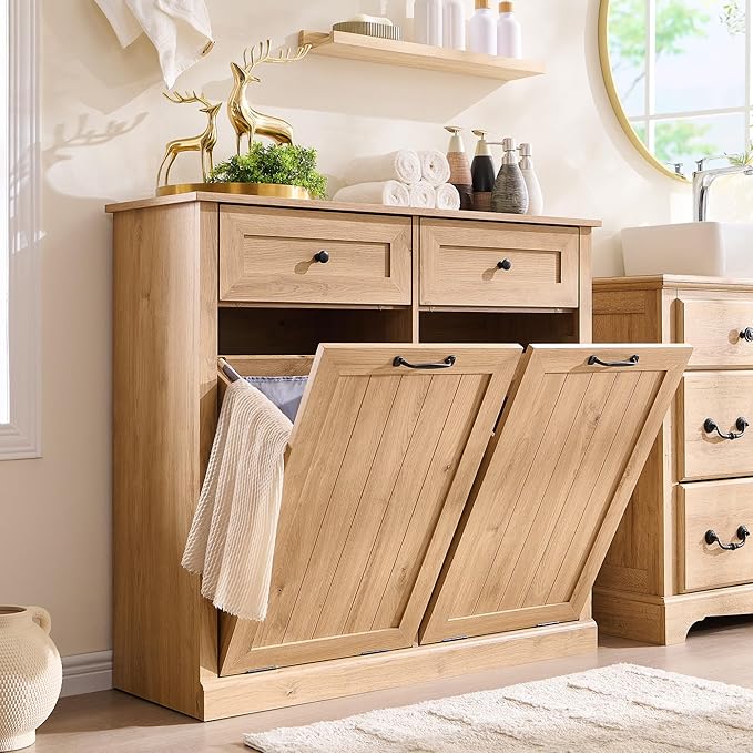 Double Tilt Out Laundry Hamper Cabinet, 20 Gallon Farmhouse Trash Can Cabinet by IFBUYFarmhouseFurniture