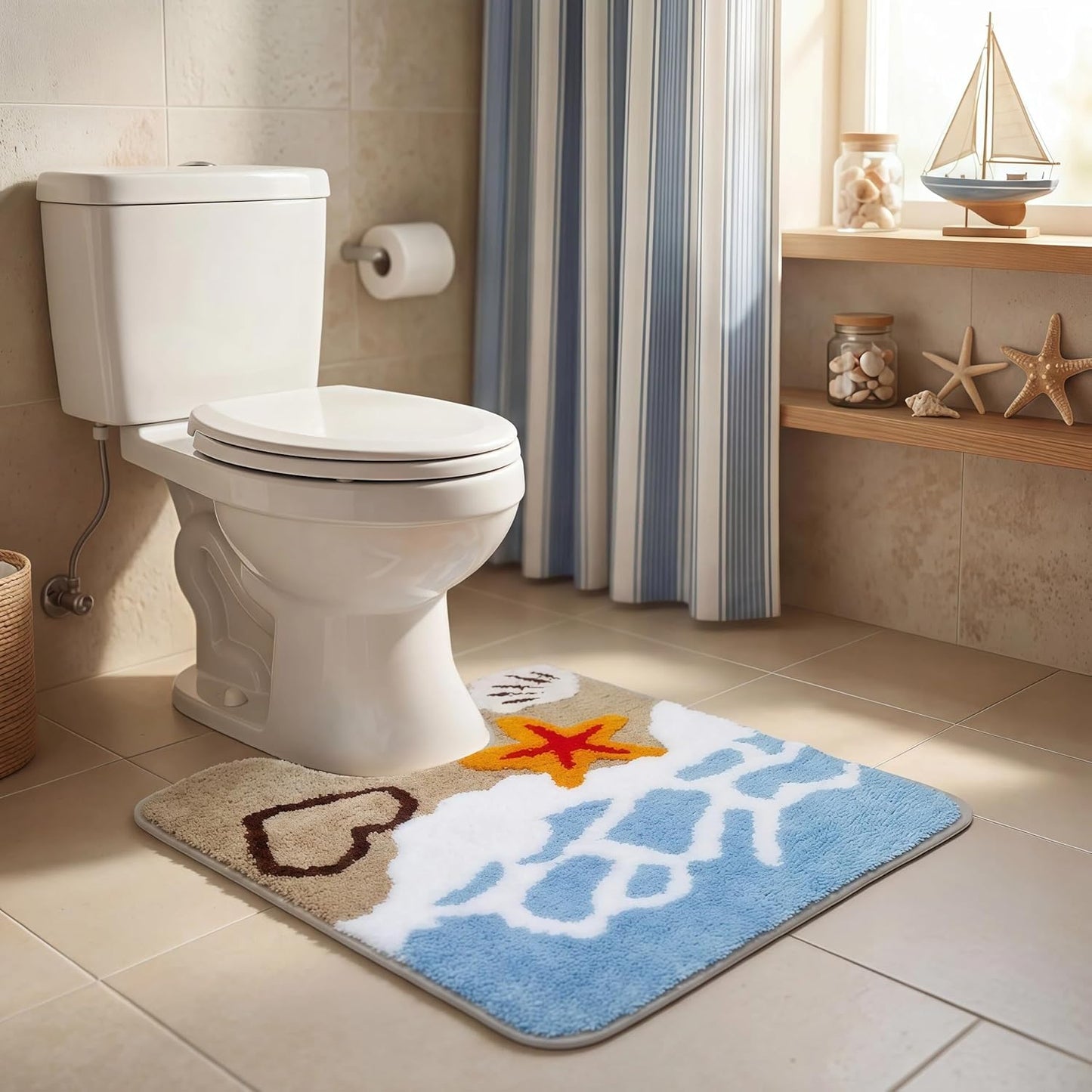 U-Shaped Beach Bathroom Rugs, Soft Plush Toilet Rugs Washable with Non Slip TPR Backing, Coastal Ocean Starfish Design, Blue, 24"x20"
