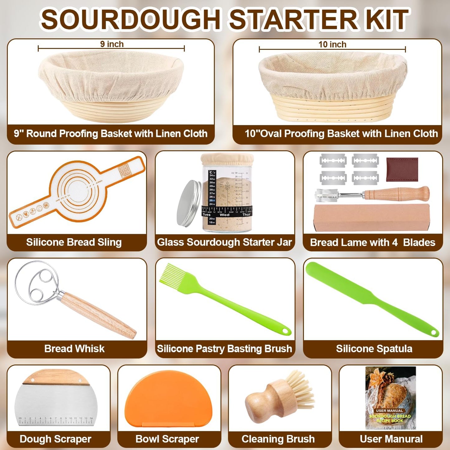 Sourdough Starter Kit, Banneton Bread Proofing Basket Set with Glass Starter Jar, 9" Round & 10" Oval Proving Basket Supplies, Complete Sourdough Bread Baking Tools Kit Gift for Bakers Women