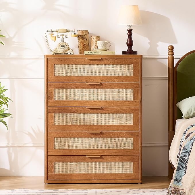 LEYAOYAO Dresser for Bedroom, Modern 5 Drawers Boho Rattan Dressers - Image 9