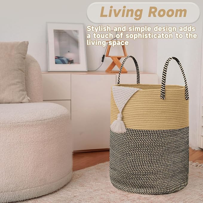 Large Woven Laundry Basket Hamper, 80L Cotton Rope Storage Bin - Image 3