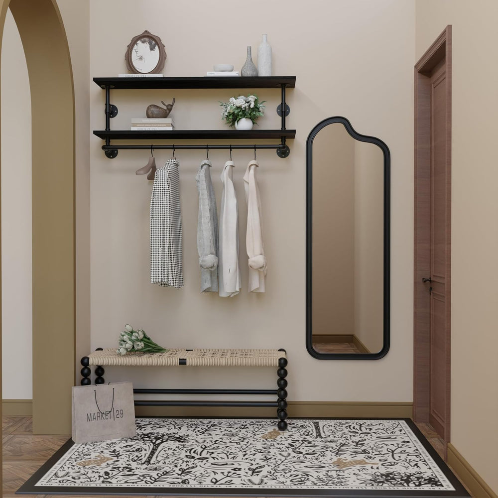 Black Clothes Rack 48in, 2-Tier Wall Mounted Garment Rack with Real Wood Shel...