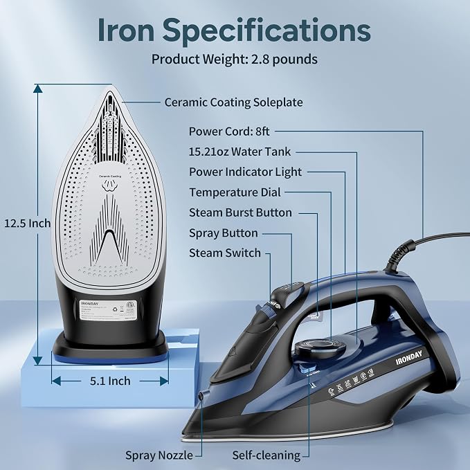 Steam Iron for Clothes Fast Heating, 1700W Iron Precision - Image 8