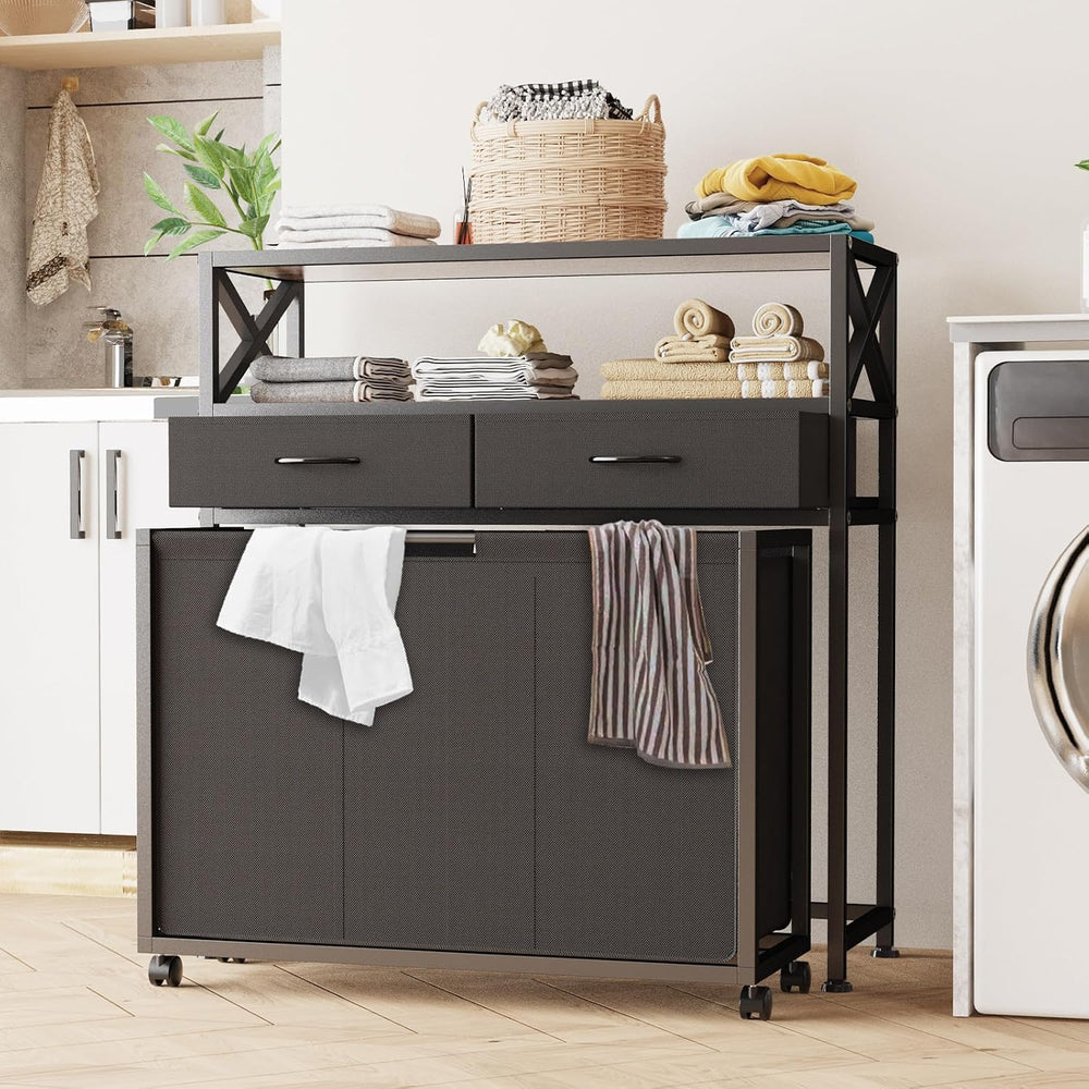 150L Laundry Sorter Hamper 3 Section with 2 Shelves & 2 Drawers