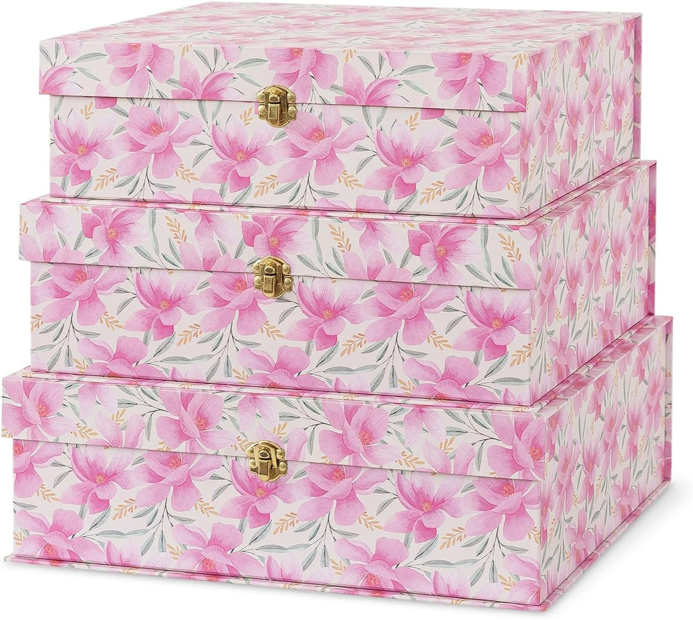 Soul & Lane - Pink Floral Boxes with Gold Hardware, Set of 3, Garden Blush