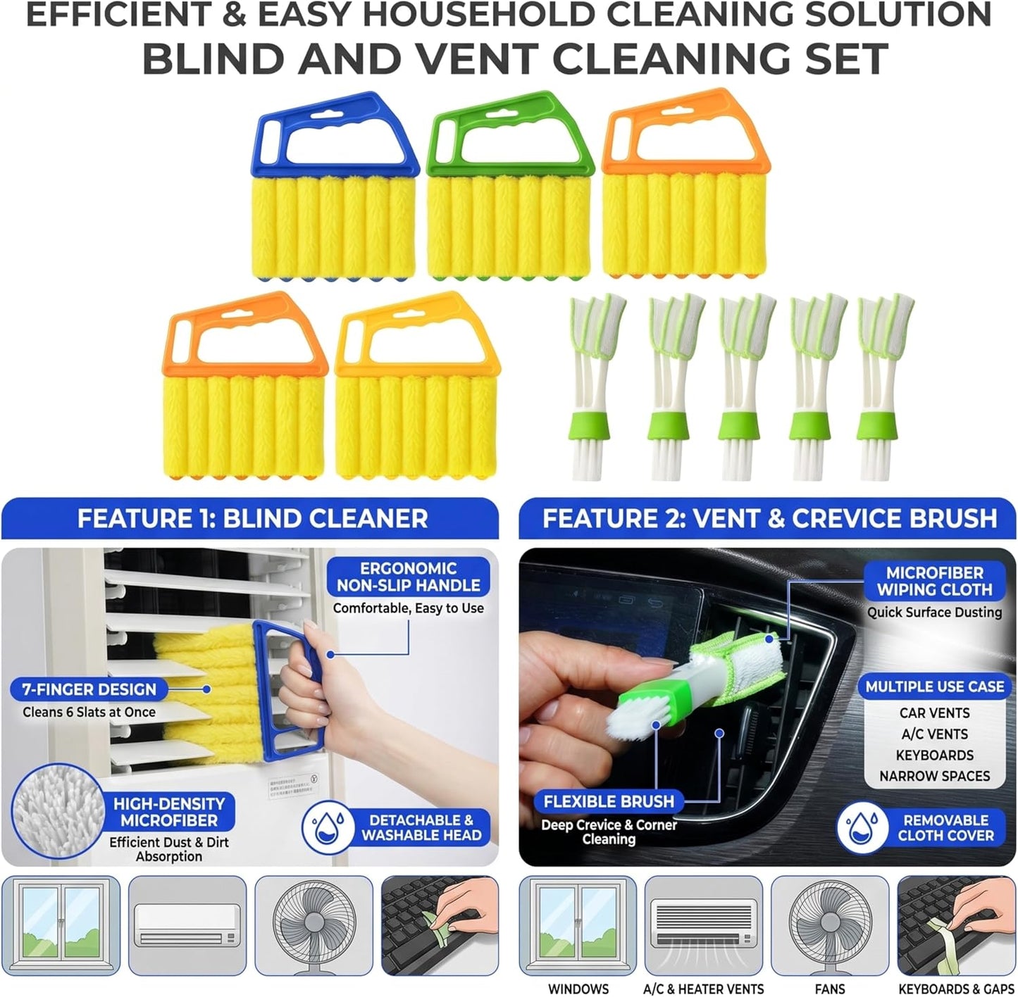 10 Pcs Blind Cleaner Duster Tool, 5 Washable 7-Fingers Dusters Cleaners and 5 Air Vent Cleaners for Venetian, Window Blinds Cleaning Set for Air Conditioner and Fans Vents