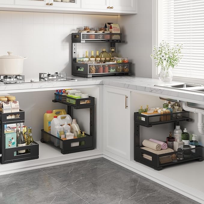 2-Pack Under Sink Storage Organizer, Large 2-Tier Elegant Mesh Pull Out Shelf - Image 5