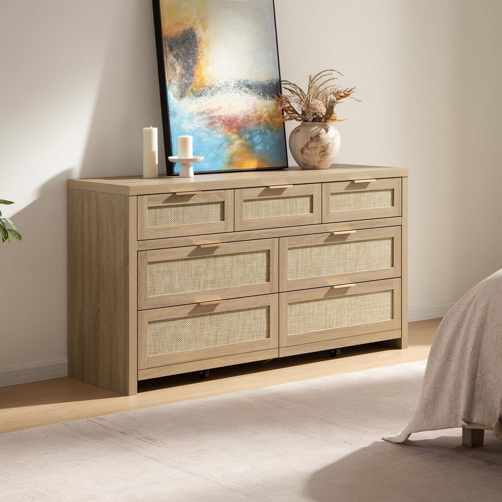 SICOTAS 7 Drawer Rattan Dresser for Bedroom, 57" Wide Dresser
