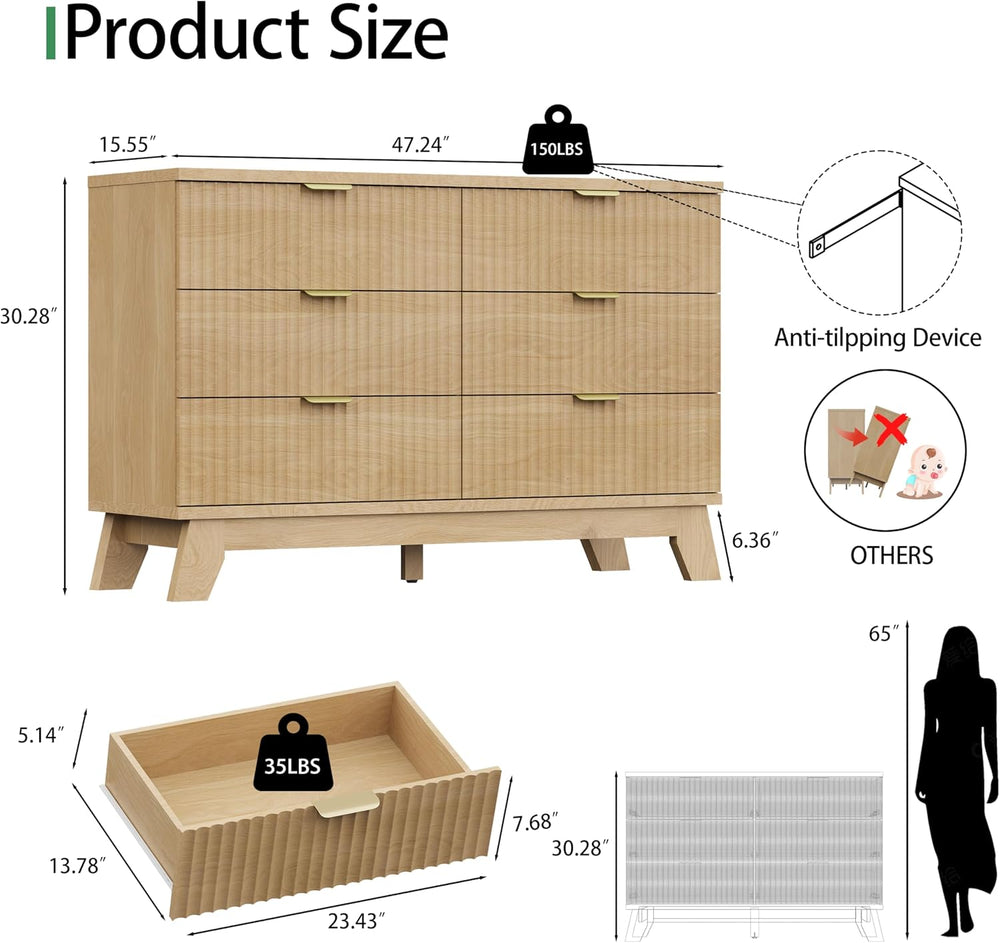 Fluted Dresser for Bedroom with 6 Drawers, 48" Wide Modern Chest of Draw...