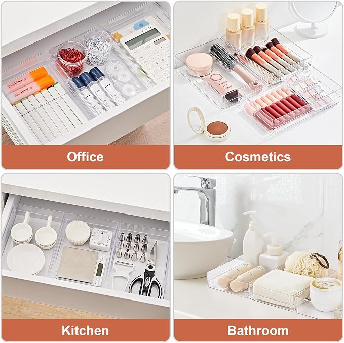 SMARTAKE 6 PCS Clear Plastic Drawer Organizers Set, Large Size Non-Slip Desk - Image 7