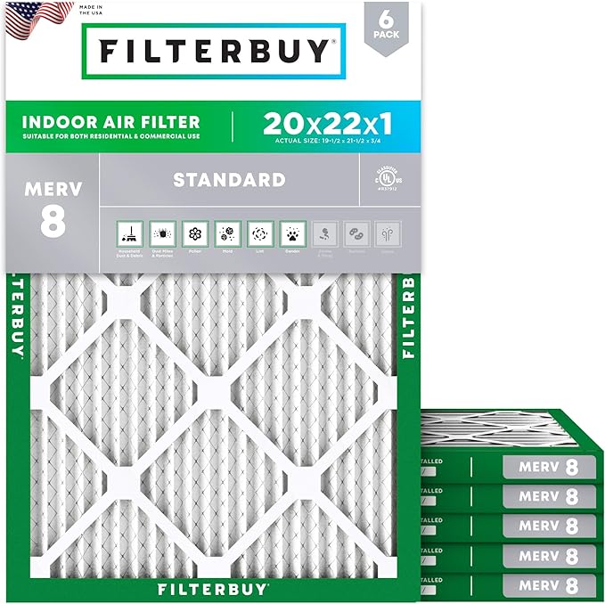 Filterbuy 20x22x1 Air Filter MERV 8 Dust Defense Replacement, Electrostatic by Filterbuy