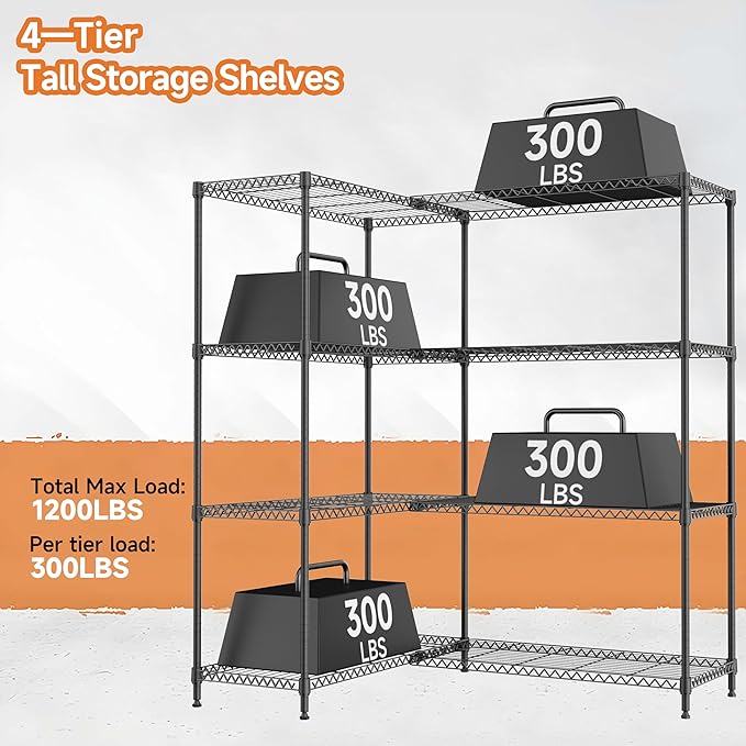 4 Tiers Storage Shelves Load 1200LBS, Metal Shelving Wire Metal Shelving Unit - Image 4