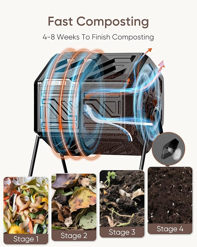 THEGROW'ING Updated 43 Gallon Compost Bin Outdoor, Fast Assemble Tumbling