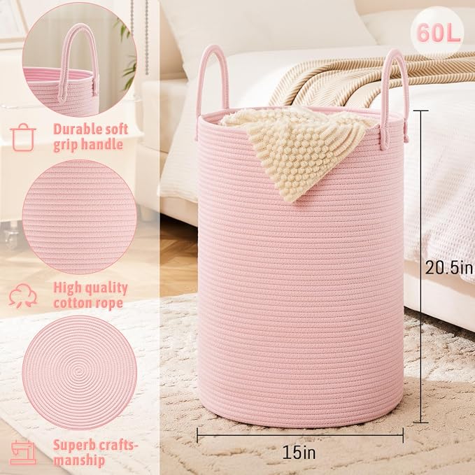Laundry Basket, Woven Cotton Rope Laundry Hamper, 60L - Image 6