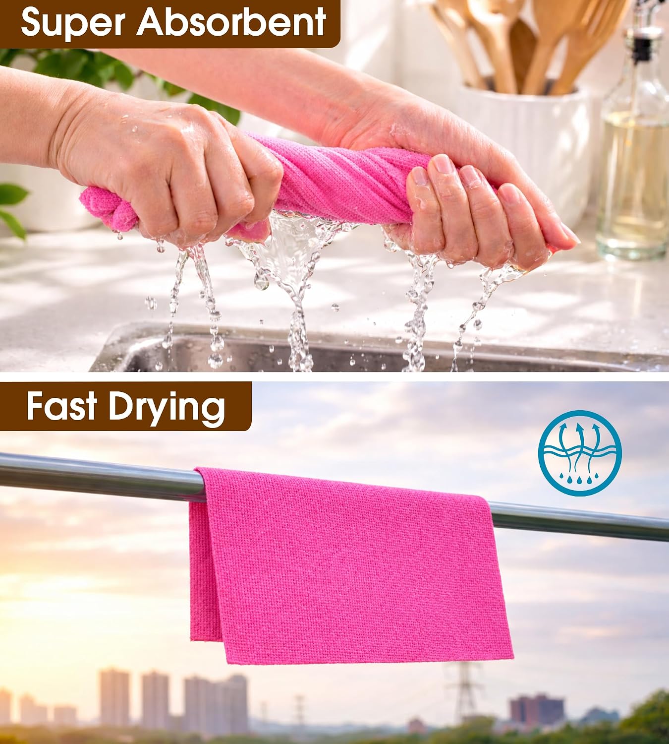 Microfiber Cleaning Cloth Roll, 100 Pack, 12 x 12 Inch Tear Away Reusable Paper Towels, Thick Cleaning Towels, Absorbent Lint Free Washable Rags for Kitchen, Car, Garage and Workshop - Hot Pink