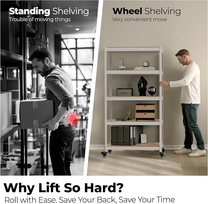HOMEDANT House White 5-Tier Metal Rolling Cart Shelf Rack Casters Heavy Duty - Image 2