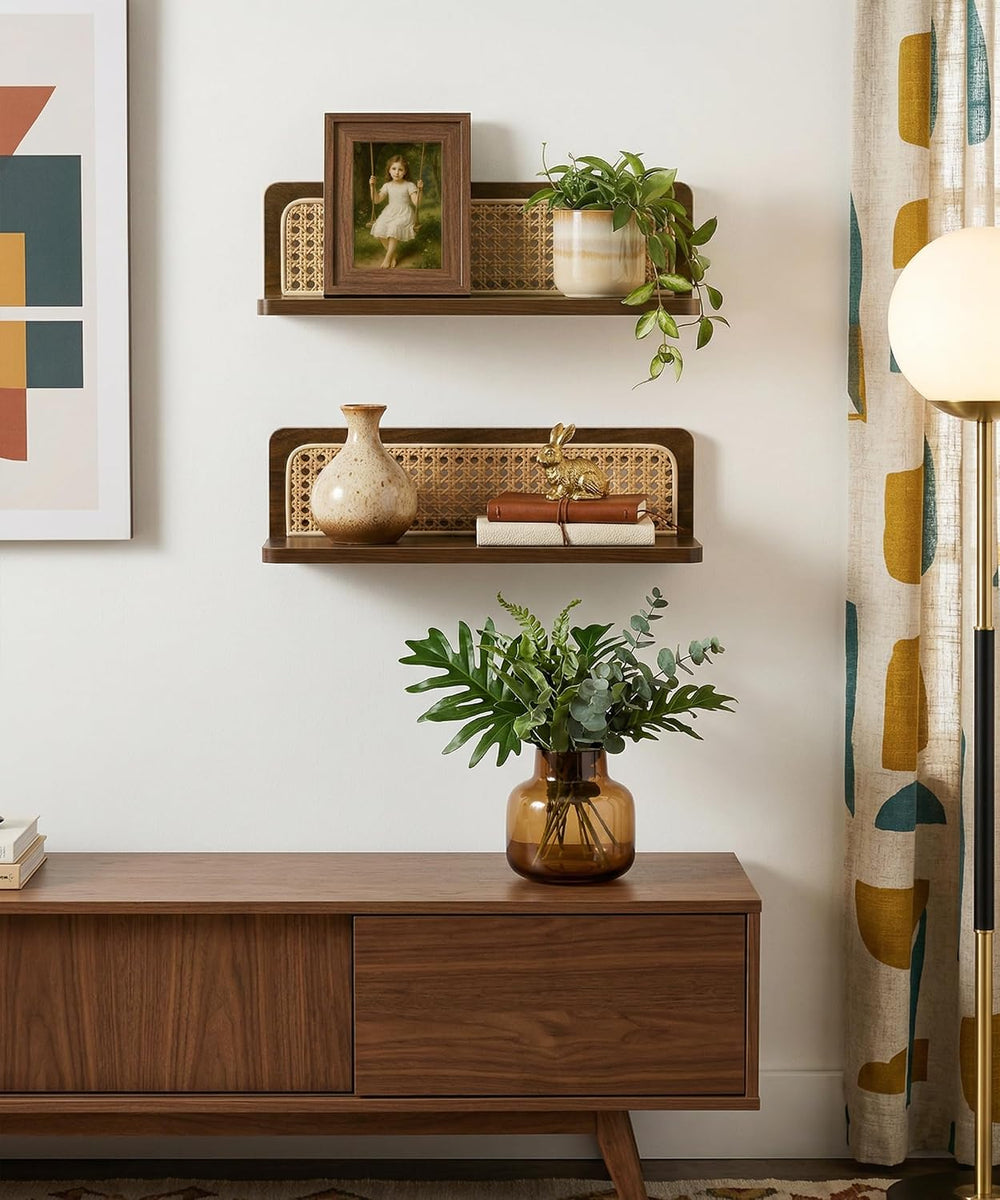 Walnut Rattan Wall Shelf, Mid Century Modern Floating Shelves, MCM