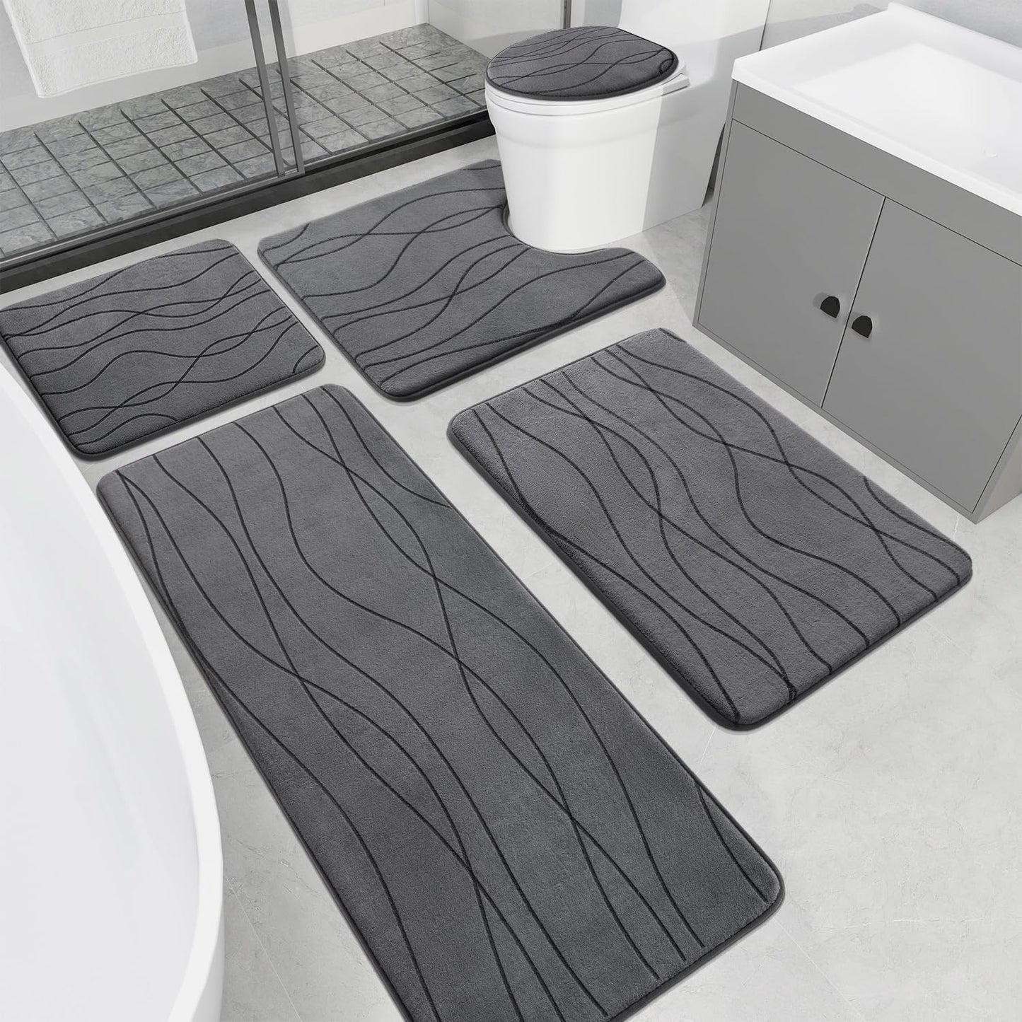 YIHOUSE Memory Foam Bathroom Rugs Sets, Dark Grey, 5 Piece | Ultra Soft, Absorbent, Non-Slip, Machine Washable,