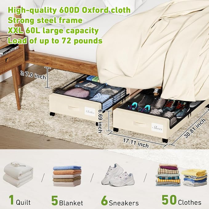 Under Bed Storage with Wheels, Under the Bed Storage Containers with Clear Lids - Image 2