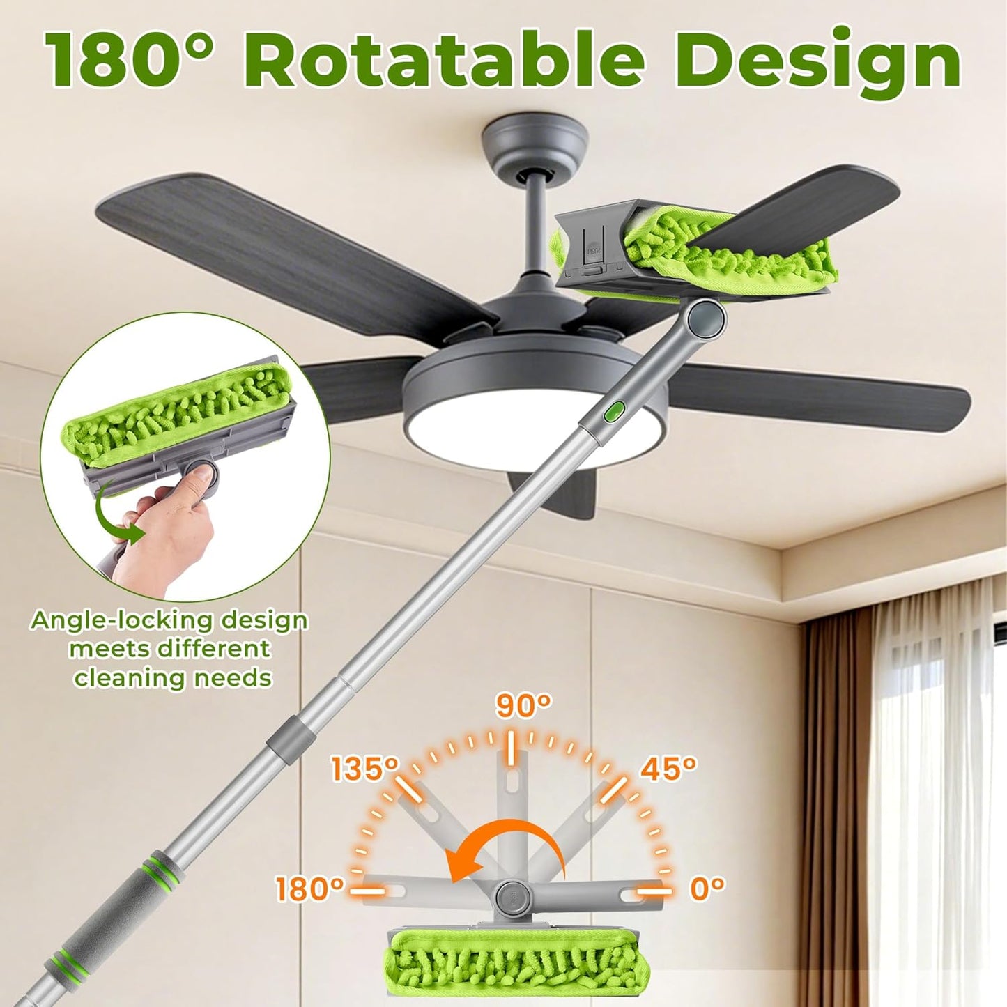 Ceiling Fan Cleaner Duster with 77" Extension Pole, 4-in-1 Reusable Microfiber & Chenille Fan Blade Cleaner, Bendable Fan Duster for Ceiling Fan Blade Blinds Baseboard Cobweb