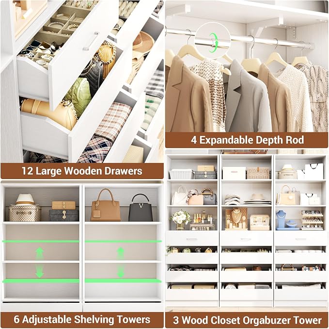 Aheaplus Closet System Set of 3, 138.5" Wood Closet Organizer System Tower - Image 3